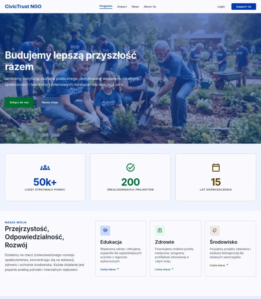 Website for a non-profit organisation shown on a desktop screen
